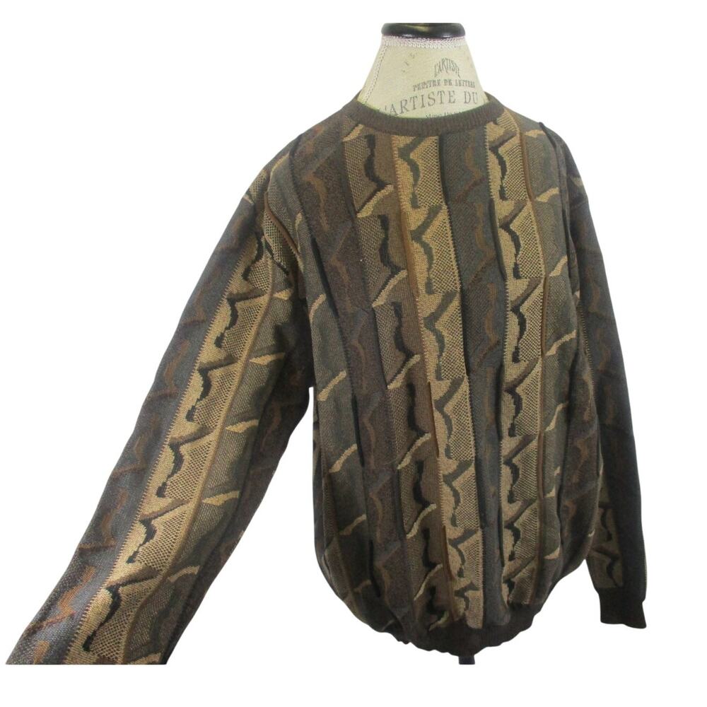 Vintage 80s 90s Brown Neutral Tones Printed Sweater St. Croix Knits Large